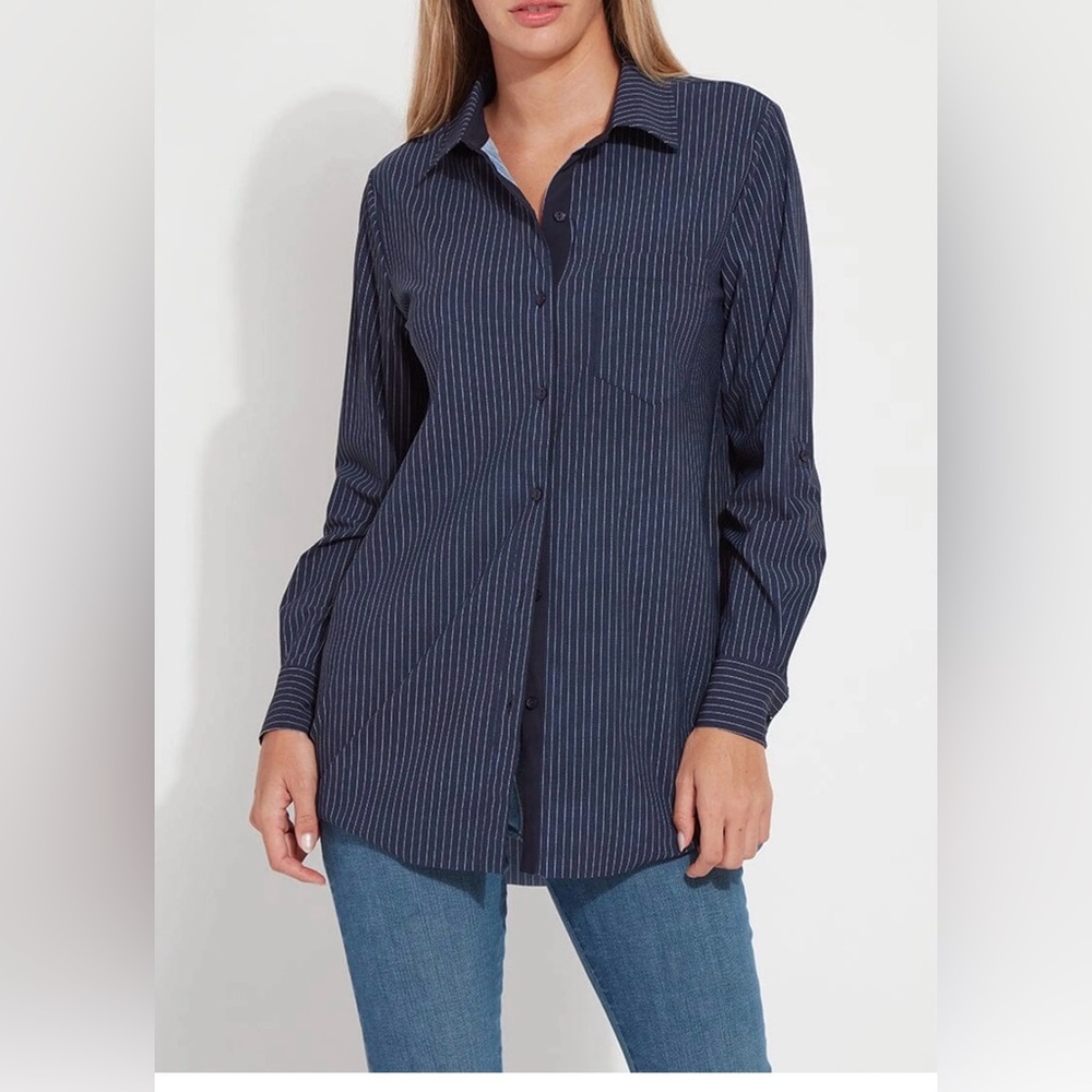 Lyssé Schiffer Button Down – Navy & White Pinstripe – Size Small
